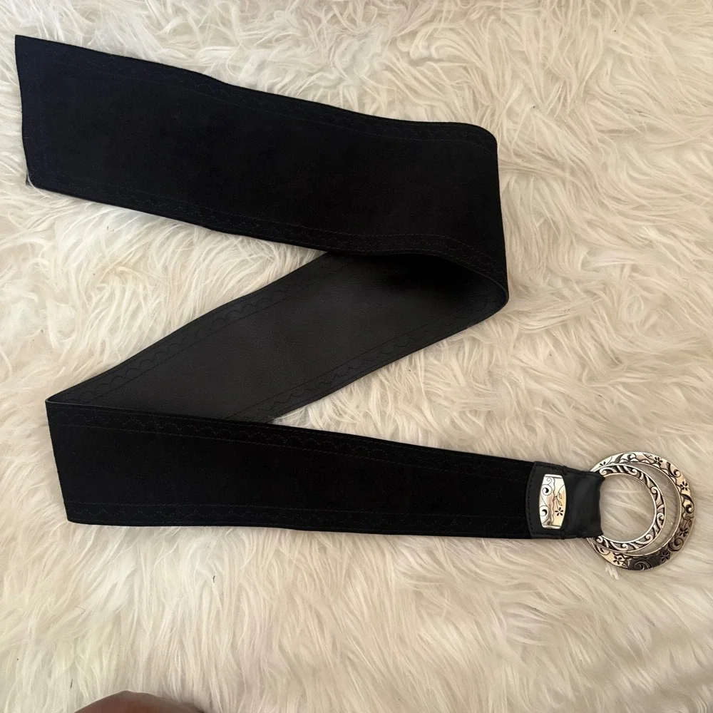 Brighton Black Leather Suede Wide Waist Belt Silver Etched Buckle B30993 Size M